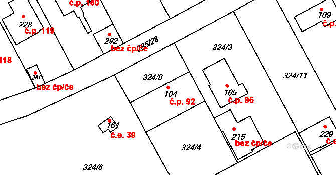 Vonoklasy 92 na parcele st. 104 v KÚ Vonoklasy, Katastrální mapa