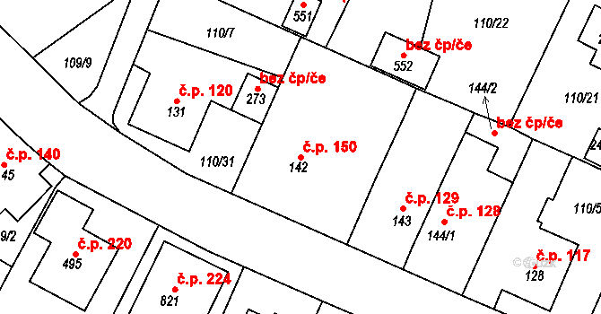Horní Lomany 150, Františkovy Lázně na parcele st. 142 v KÚ Horní Lomany, Katastrální mapa