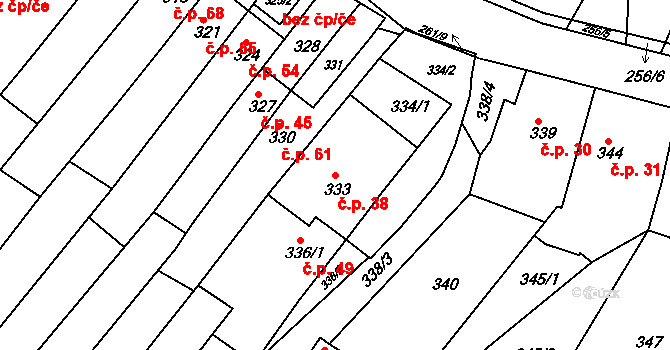 Popůvky 38 na parcele st. 333 v KÚ Popůvky u Brna, Katastrální mapa