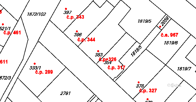 Tišnov 326 na parcele st. 353 v KÚ Tišnov, Katastrální mapa