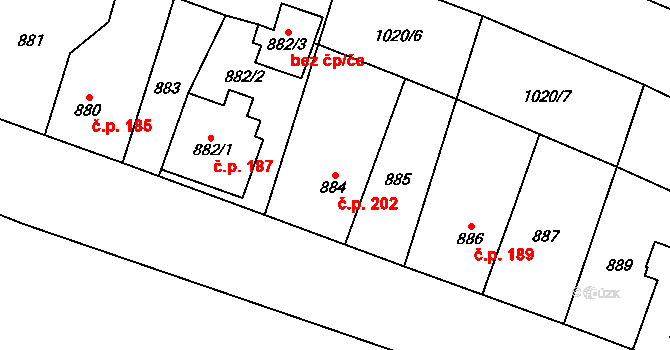 Krmelín 202 na parcele st. 884 v KÚ Krmelín, Katastrální mapa