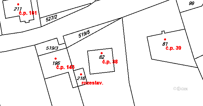 Oldřichov na Hranicích 38, Hrádek nad Nisou na parcele st. 82 v KÚ Oldřichov na Hranicích, Katastrální mapa