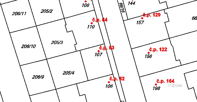 Bohuňovice 83 na parcele st. 107 v KÚ Bohuňovice, Katastrální mapa