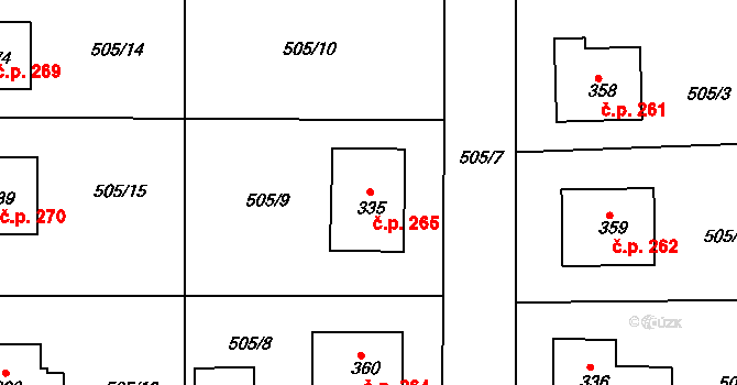 Broumy 265 na parcele st. 335 v KÚ Broumy, Katastrální mapa