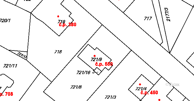 Březnice 550 na parcele st. 721/9 v KÚ Březnice, Katastrální mapa