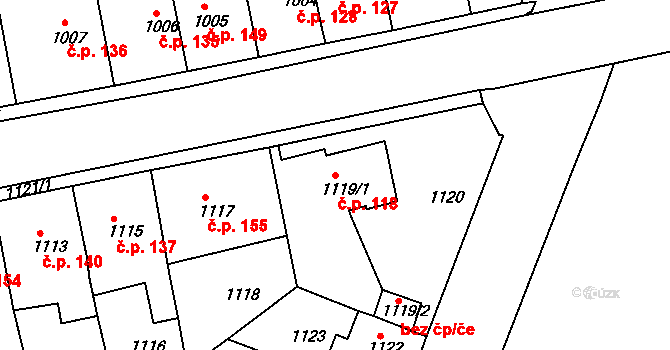 Miřetice u Klášterce nad Ohří 118, Klášterec nad Ohří na parcele st. 1119/1 v KÚ Miřetice u Klášterce nad Ohří, Katastrální mapa