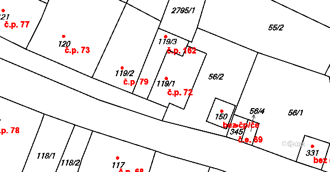 Senorady 72 na parcele st. 119/1 v KÚ Senorady, Katastrální mapa
