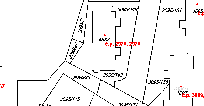 Břeclav 2975,2976 na parcele st. 4837 v KÚ Břeclav, Katastrální mapa