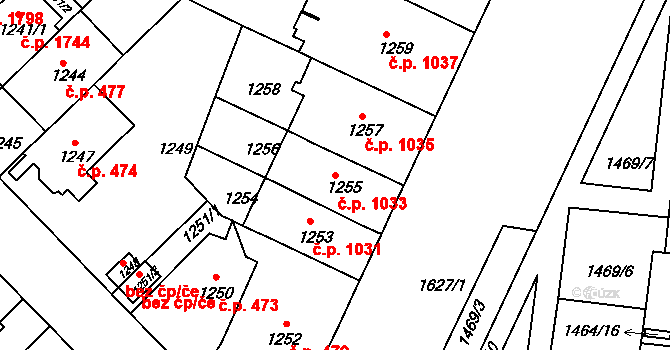 Černá Pole 1033, Brno na parcele st. 1255 v KÚ Černá Pole, Katastrální mapa