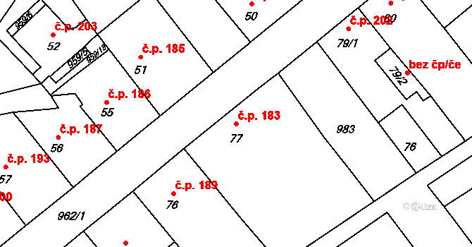 Borohrádek 183 na parcele st. 77 v KÚ Borohrádek, Katastrální mapa
