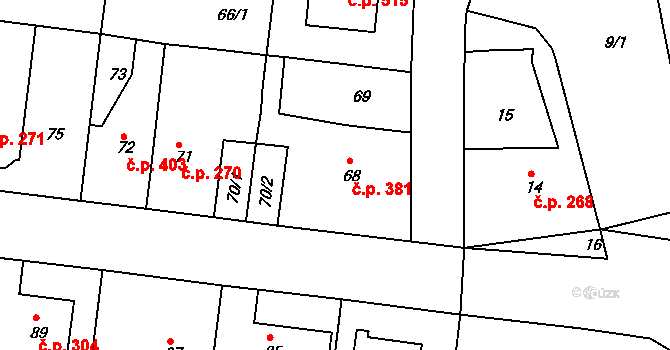 Hostavice 381, Praha na parcele st. 68 v KÚ Hostavice, Katastrální mapa