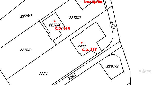 Šumbark 117, Havířov na parcele st. 2280 v KÚ Šumbark, Katastrální mapa