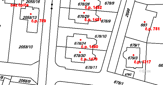 Kyje 1480, Praha na parcele st. 678/24 v KÚ Kyje, Katastrální mapa
