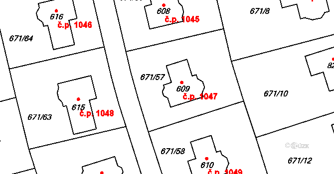 Hlubočinka 1047, Sulice na parcele st. 609 v KÚ Sulice, Katastrální mapa