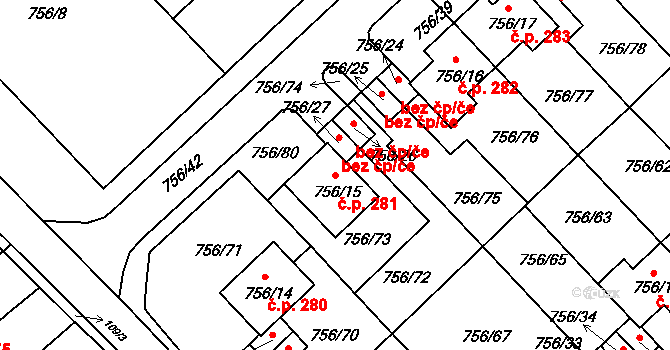Kobeřice u Brna 281 na parcele st. 756/15 v KÚ Kobeřice u Brna, Katastrální mapa