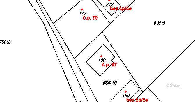 Domousnice 67 na parcele st. 180 v KÚ Domousnice, Katastrální mapa