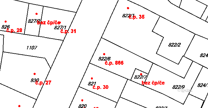 Čimice 866, Praha na parcele st. 822/6 v KÚ Čimice, Katastrální mapa