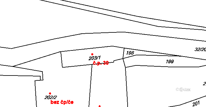Zadní Kopanina 30, Praha na parcele st. 203/1 v KÚ Zadní Kopanina, Katastrální mapa