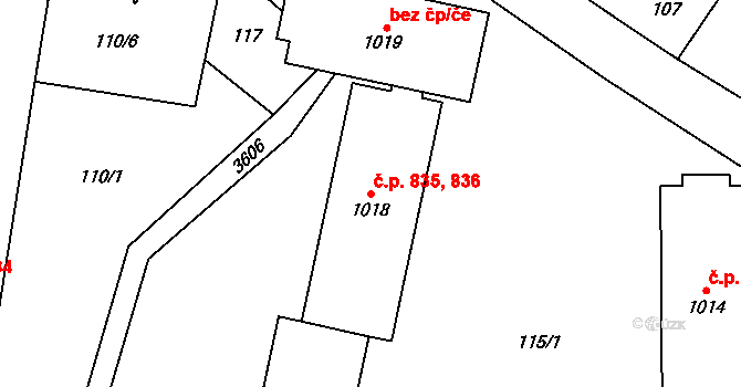 Hranice 835,836 na parcele st. 1018 v KÚ Hranice u Aše, Katastrální mapa