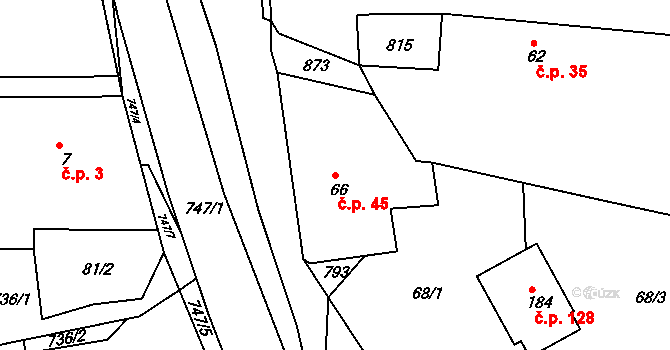 Lukoveček 45 na parcele st. 66 v KÚ Lukoveček, Katastrální mapa