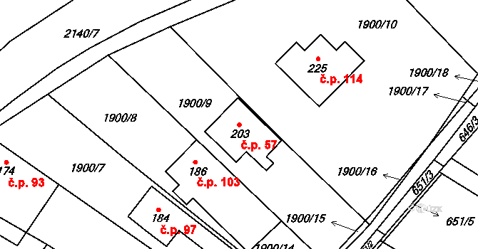 Rudimov 57 na parcele st. 203 v KÚ Rudimov, Katastrální mapa