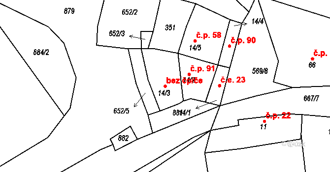 Močovice 43346545 na parcele st. 14/3 v KÚ Močovice, Katastrální mapa