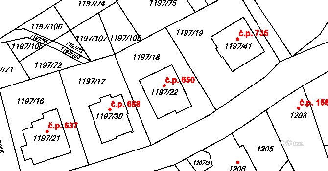 Kobeřice 650 na parcele st. 1197/22 v KÚ Kobeřice ve Slezsku, Katastrální mapa