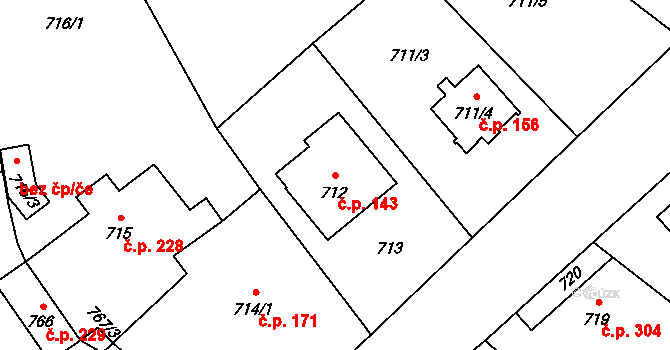 Rapotín 143 na parcele st. 712 v KÚ Rapotín, Katastrální mapa