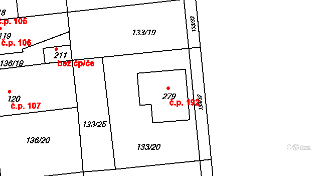 Tachlovice 192 na parcele st. 279 v KÚ Tachlovice, Katastrální mapa