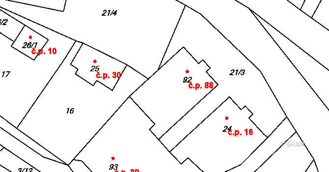 Hynčice 88 na parcele st. 92 v KÚ Hynčice u Broumova, Katastrální mapa