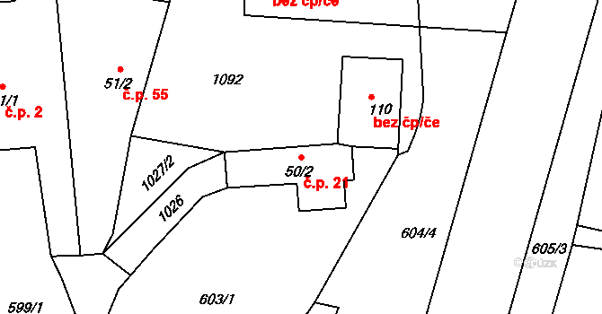 Dříteč 21 na parcele st. 50/2 v KÚ Dříteč, Katastrální mapa