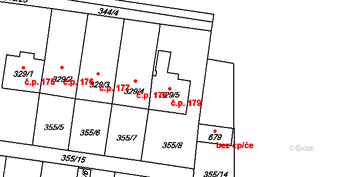 Rybitví 179 na parcele st. 329/5 v KÚ Rybitví, Katastrální mapa