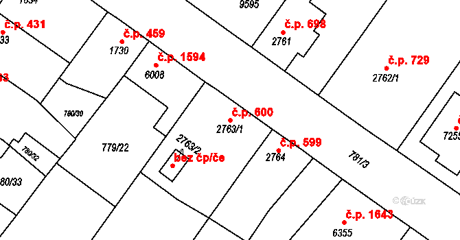 Bílé Předměstí 600, Pardubice na parcele st. 2763/1 v KÚ Pardubice, Katastrální mapa