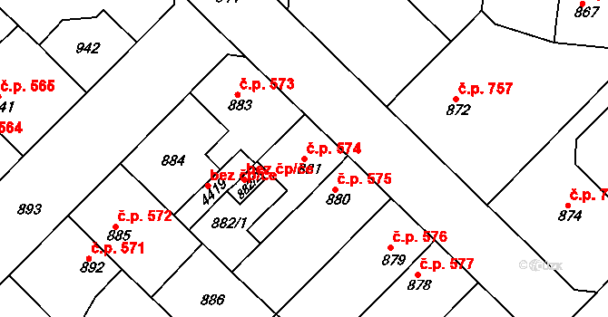 Týniště nad Orlicí 574 na parcele st. 881 v KÚ Týniště nad Orlicí, Katastrální mapa