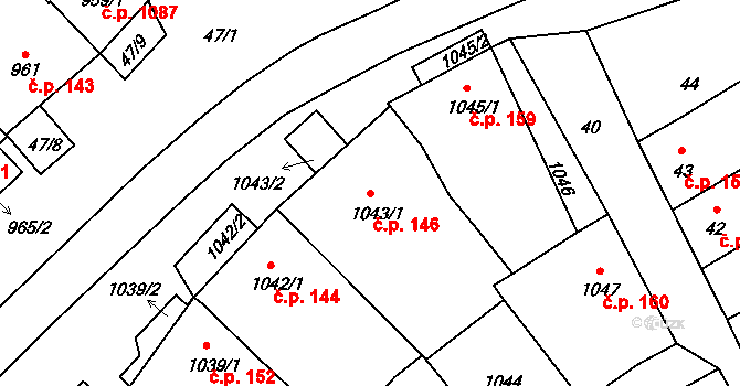 Valtice 146 na parcele st. 1043/1 v KÚ Valtice, Katastrální mapa