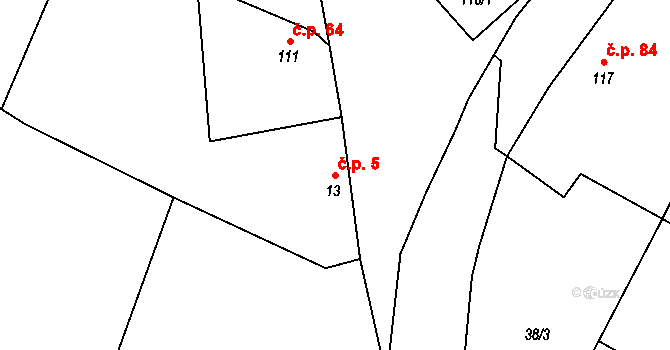 Lískovec 5, Koryčany na parcele st. 13 v KÚ Lískovec, Katastrální mapa