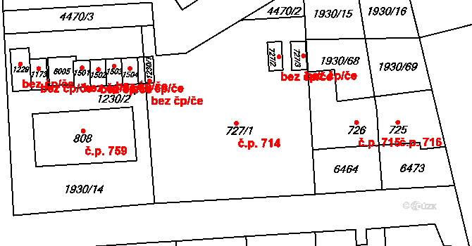Hrušovany nad Jevišovkou 714 na parcele st. 727/1 v KÚ Hrušovany nad Jevišovkou, Katastrální mapa