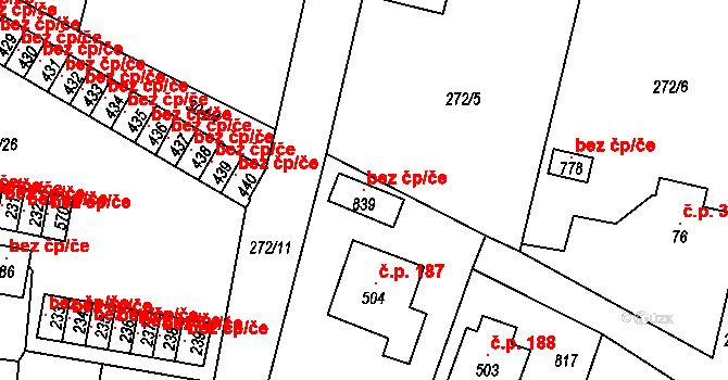 Hrádek 107437546 na parcele st. 839 v KÚ Nová Huť, Katastrální mapa