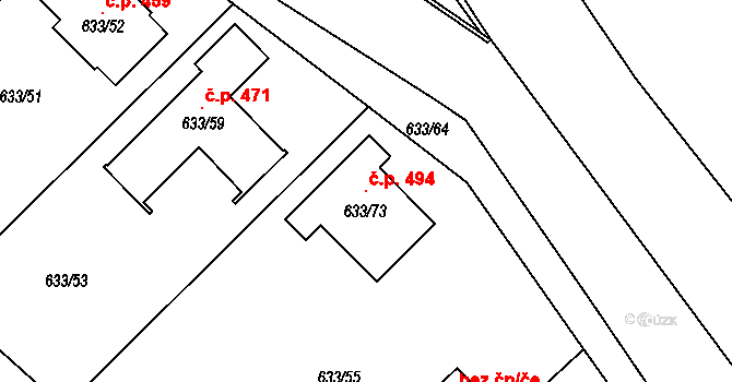 Svatava 494 na parcele st. 633/73 v KÚ Svatava, Katastrální mapa
