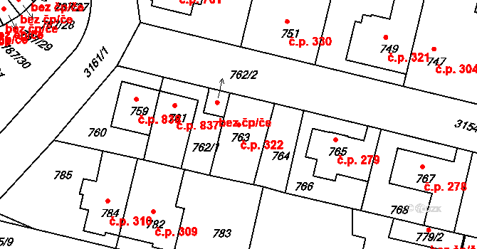Čelákovice 322 na parcele st. 763 v KÚ Čelákovice, Katastrální mapa