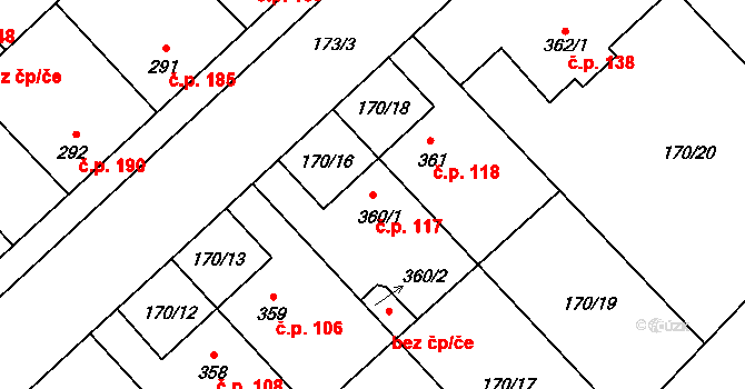 Humny 117, Pchery na parcele st. 360/1 v KÚ Pchery, Katastrální mapa