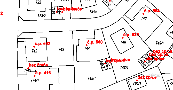 Klíše 560, Ústí nad Labem na parcele st. 744 v KÚ Klíše, Katastrální mapa