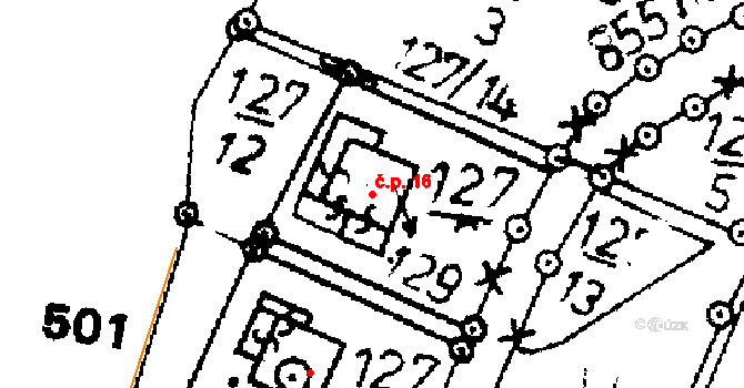 Škvořetice 16 na parcele st. 129 v KÚ Škvořetice, Katastrální mapa