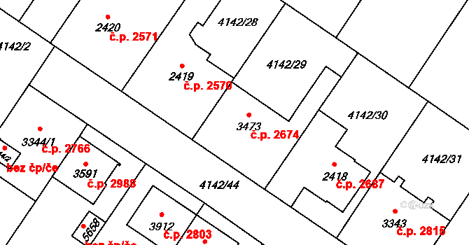 Břeclav 2674 na parcele st. 3473 v KÚ Břeclav, Katastrální mapa