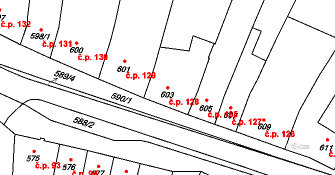 Tuřany 128, Brno na parcele st. 603 v KÚ Tuřany, Katastrální mapa