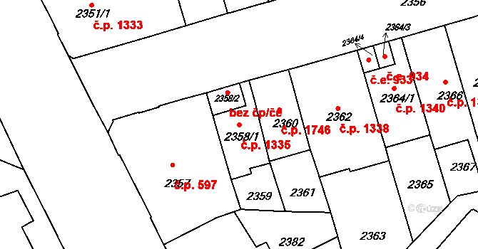 Černá Pole 1335, Brno na parcele st. 2358/1 v KÚ Černá Pole, Katastrální mapa