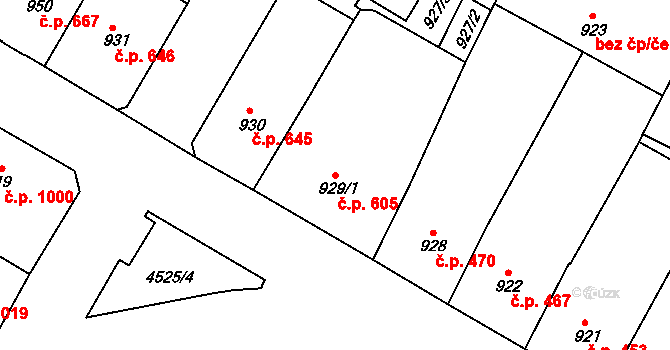 Teplice 605 na parcele st. 929/1 v KÚ Teplice, Katastrální mapa