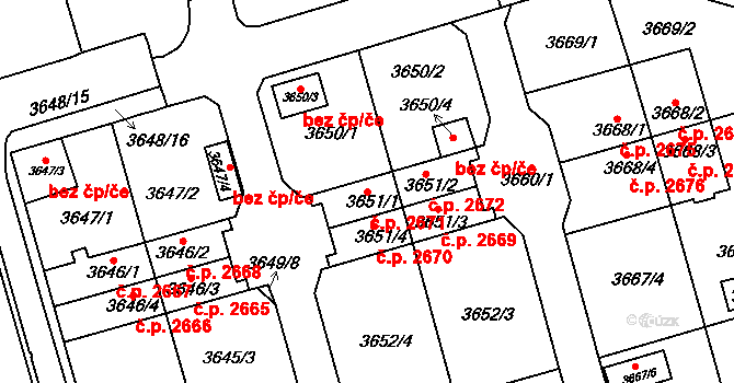 Frýdek 2671, Frýdek-Místek na parcele st. 3651/1 v KÚ Frýdek, Katastrální mapa