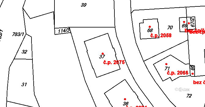 Komořany 2075, Praha na parcele st. 37 v KÚ Komořany, Katastrální mapa
