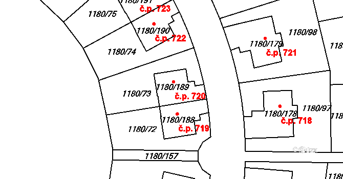 Nebušice 720, Praha na parcele st. 1180/189 v KÚ Nebušice, Katastrální mapa